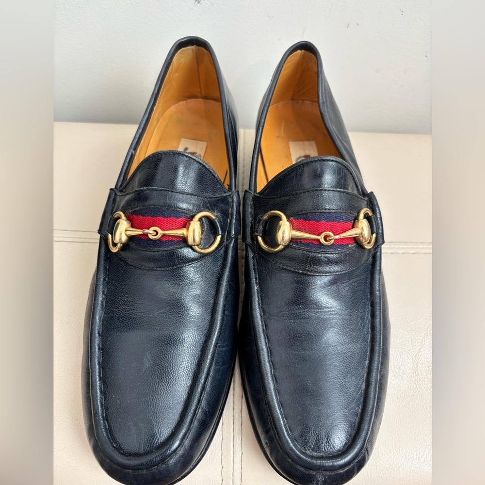 Vintage Gucci Gold Horse-bit Navy Blue Leather Loafers With Red Stripes Size 42S - Picture 3 of 13
